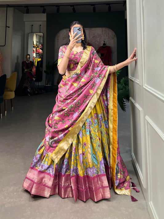 Kalamkari Print With Zari Weaving Dola Silk South Indian Lehenga Choli
