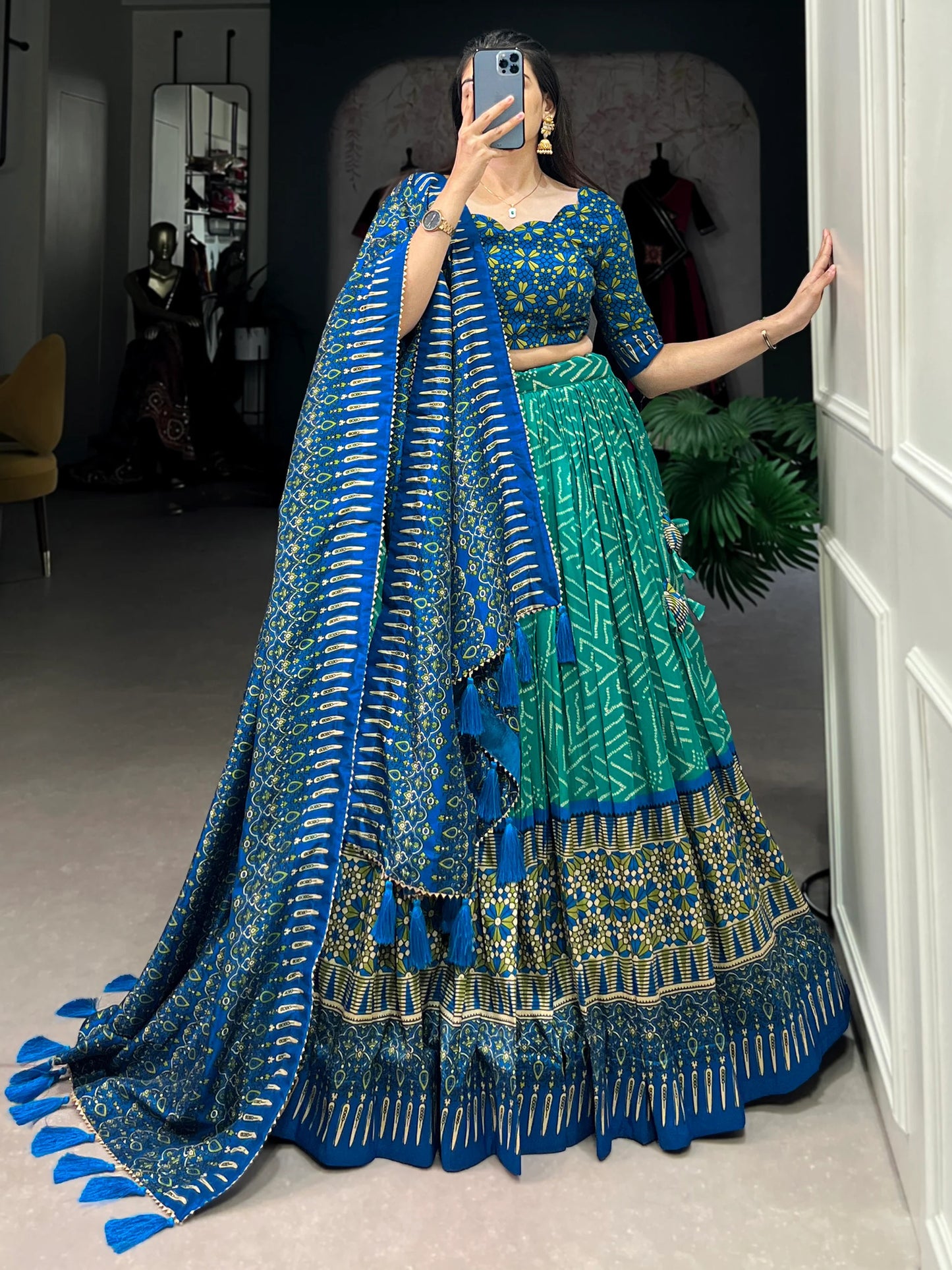 Elegant Tussar Silk Lehenga Choli with Bandhani & Patola Print