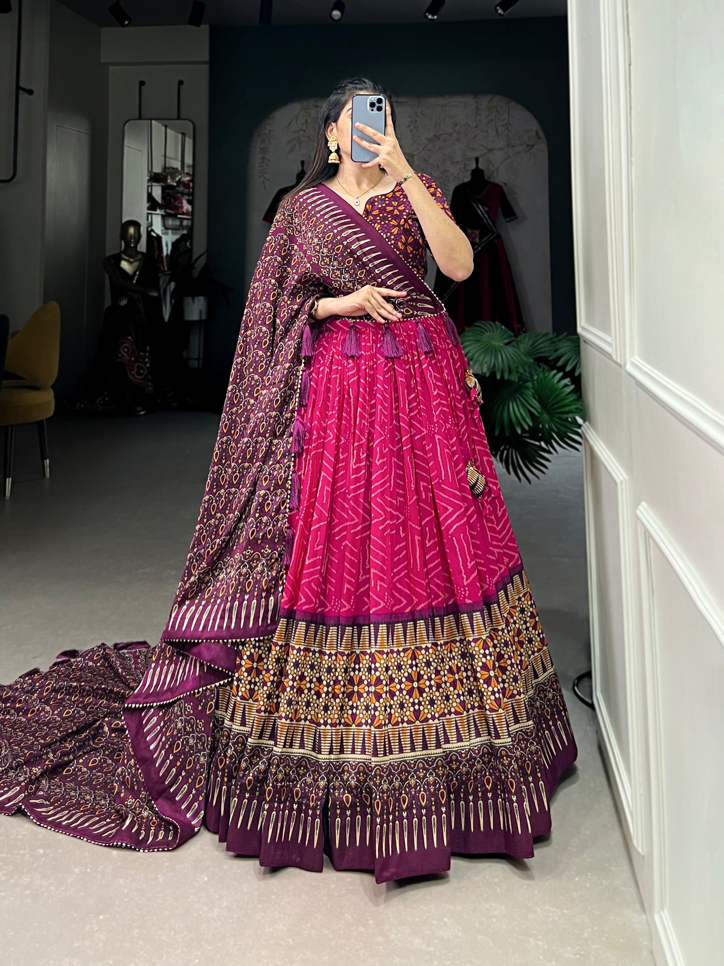 Elegant Tussar Silk Lehenga Choli with Bandhani & Patola Print