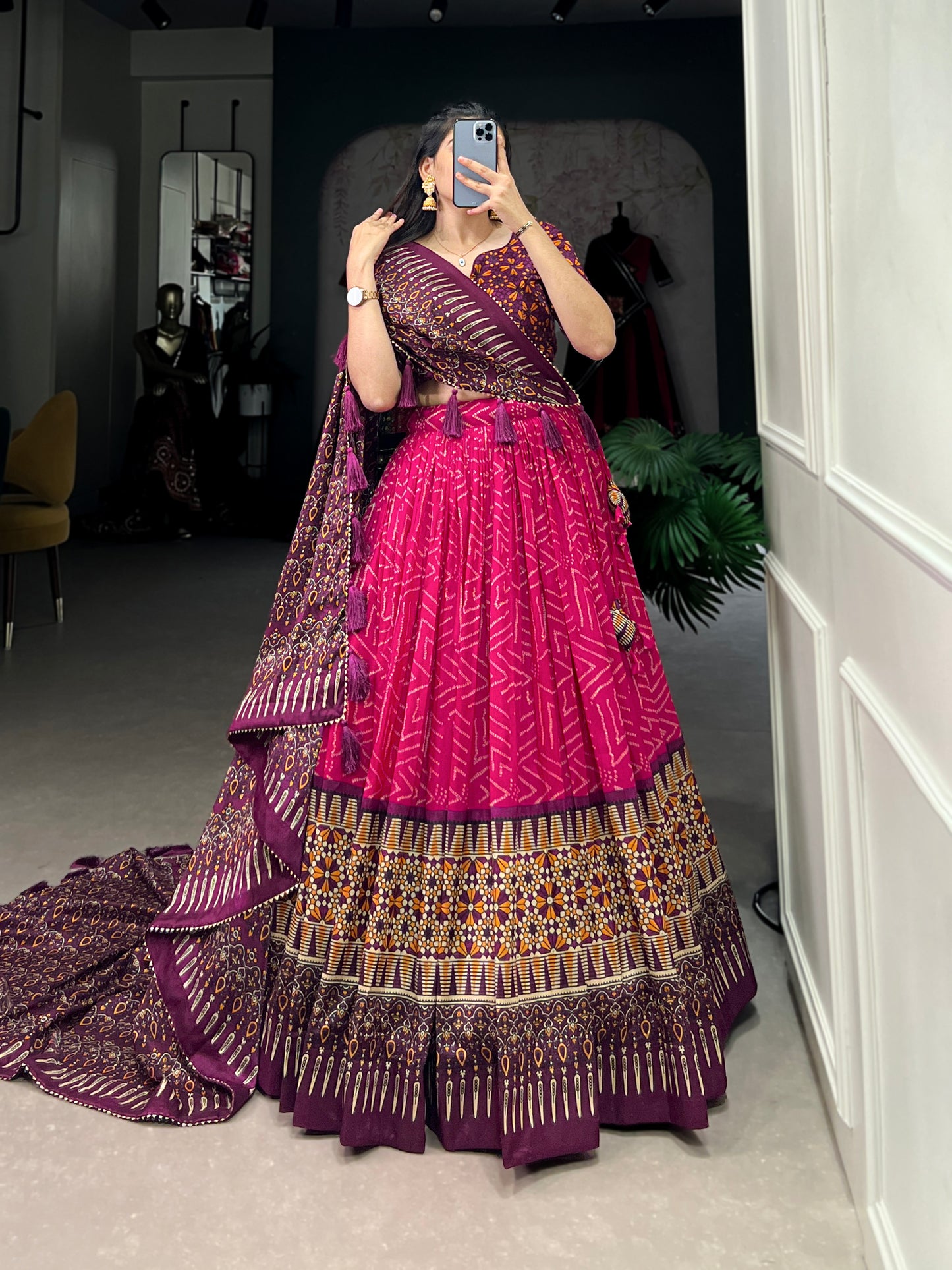Elegant Tussar Silk Lehenga Choli with Bandhani & Patola Print