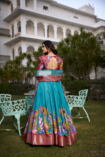 Tussar Silk Lehenga Choli with Floral Print and Foil Work