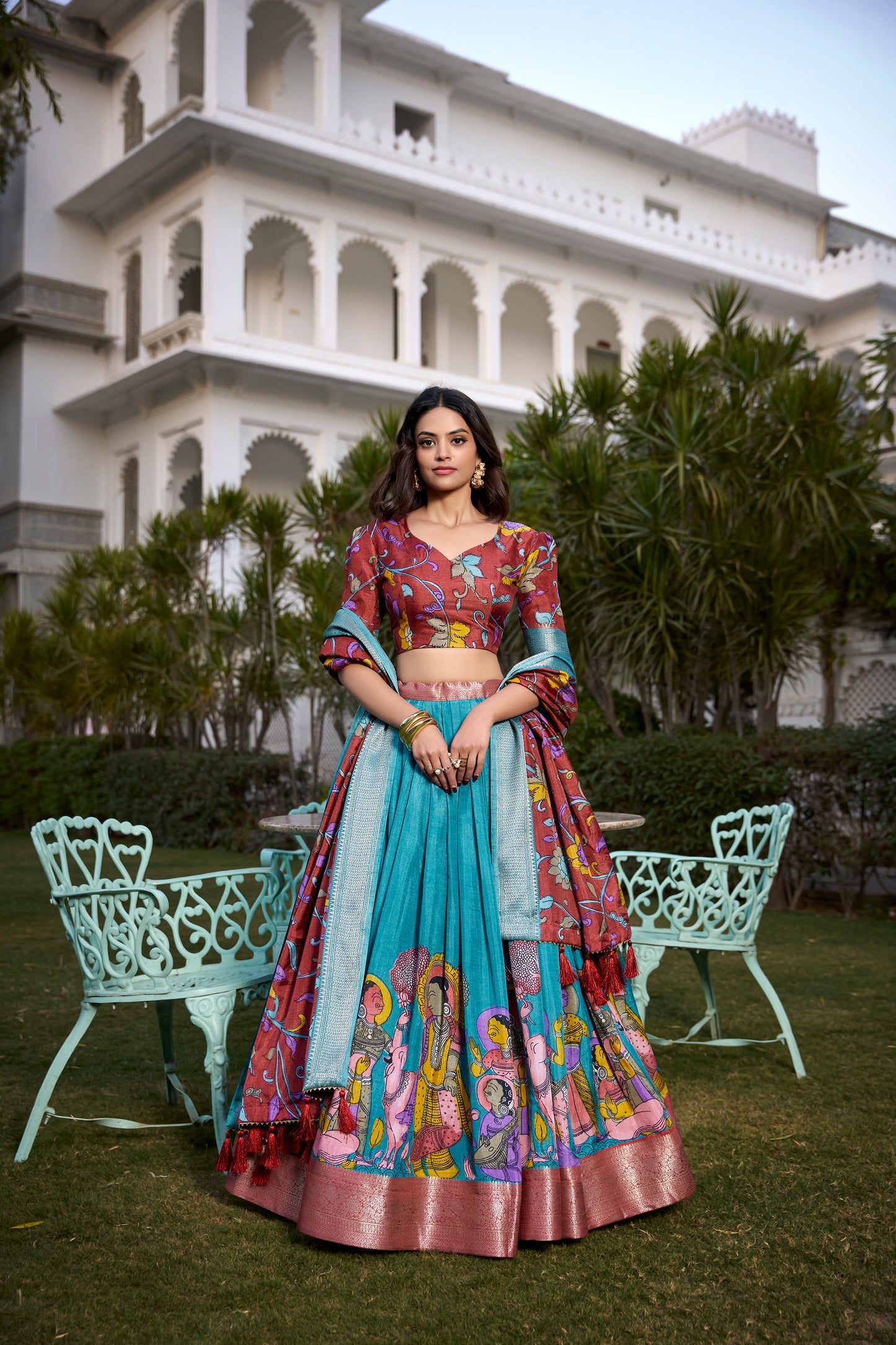 Tussar Silk Lehenga Choli with Floral Print and Foil Work