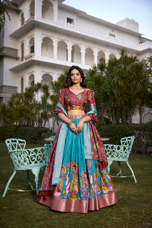 Tussar Silk Lehenga Choli with Floral Print and Foil Work