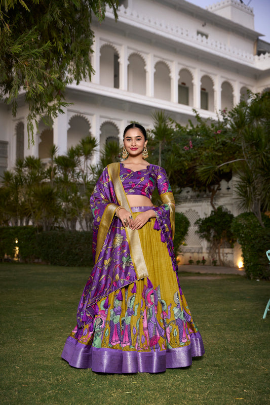 Tussar Silk Lehenga Choli with Floral Print and Foil Work