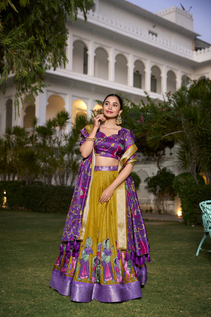 Tussar Silk Lehenga Choli with Floral Print and Foil Work