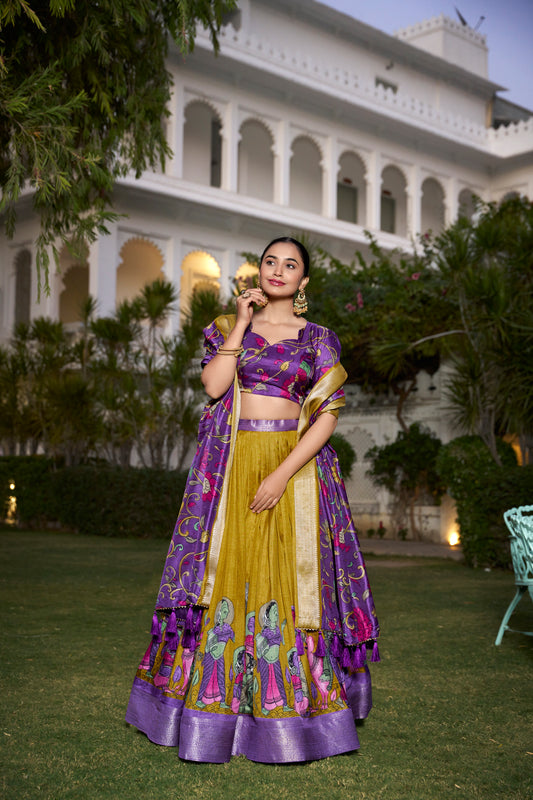 Tussar Silk Lehenga Choli with Floral Print and Foil Work