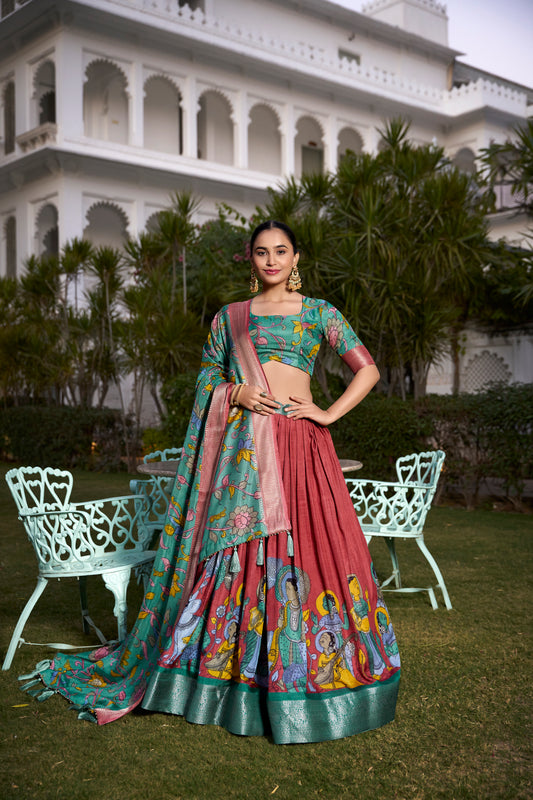 Tussar Silk Lehenga Choli with Floral Print and Foil Work