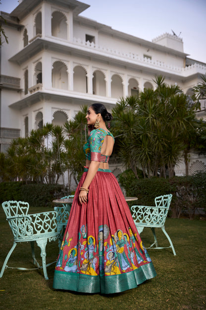 Tussar Silk Lehenga Choli with Floral Print and Foil Work