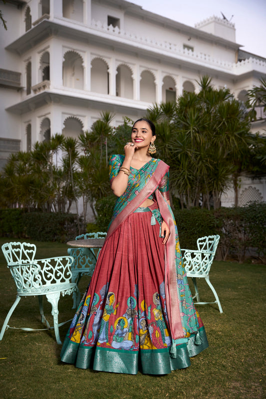 Tussar Silk Lehenga Choli with Floral Print and Foil Work