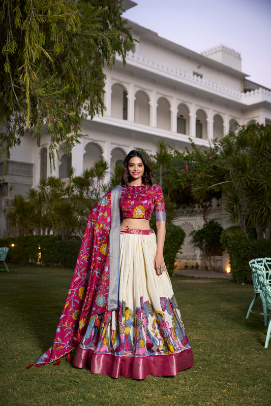 Tussar Silk Lehenga Choli with Floral Print and Foil Work