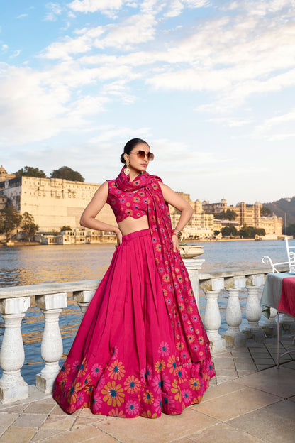 Lehenga in Tussar Silk fabric with Floral, Printed work, Tussar Silk Lehenga Set