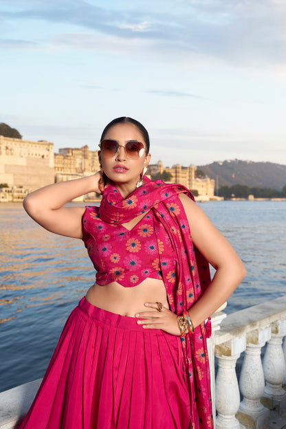 Lehenga in Tussar Silk fabric with Floral, Printed work, Tussar Silk Lehenga Set