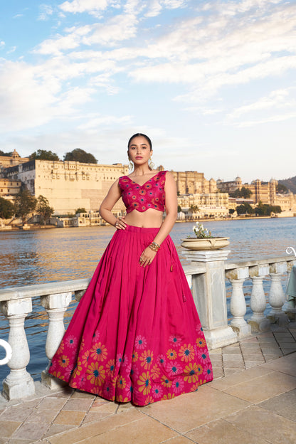 Lehenga in Tussar Silk fabric with Floral, Printed work, Tussar Silk Lehenga Set