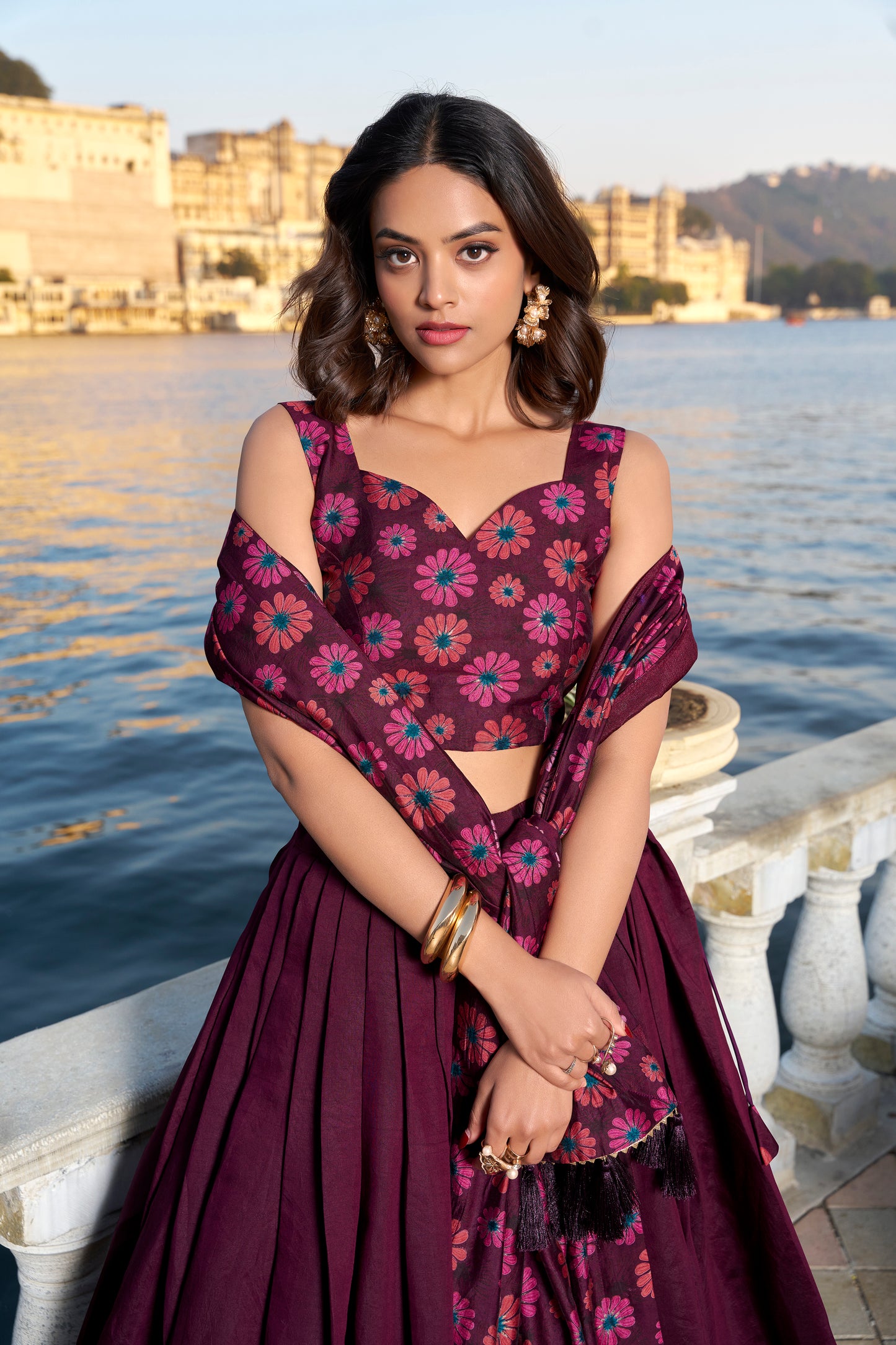 Lehenga in Tussar Silk fabric with Floral, Printed work, Tussar Silk Lehenga Set