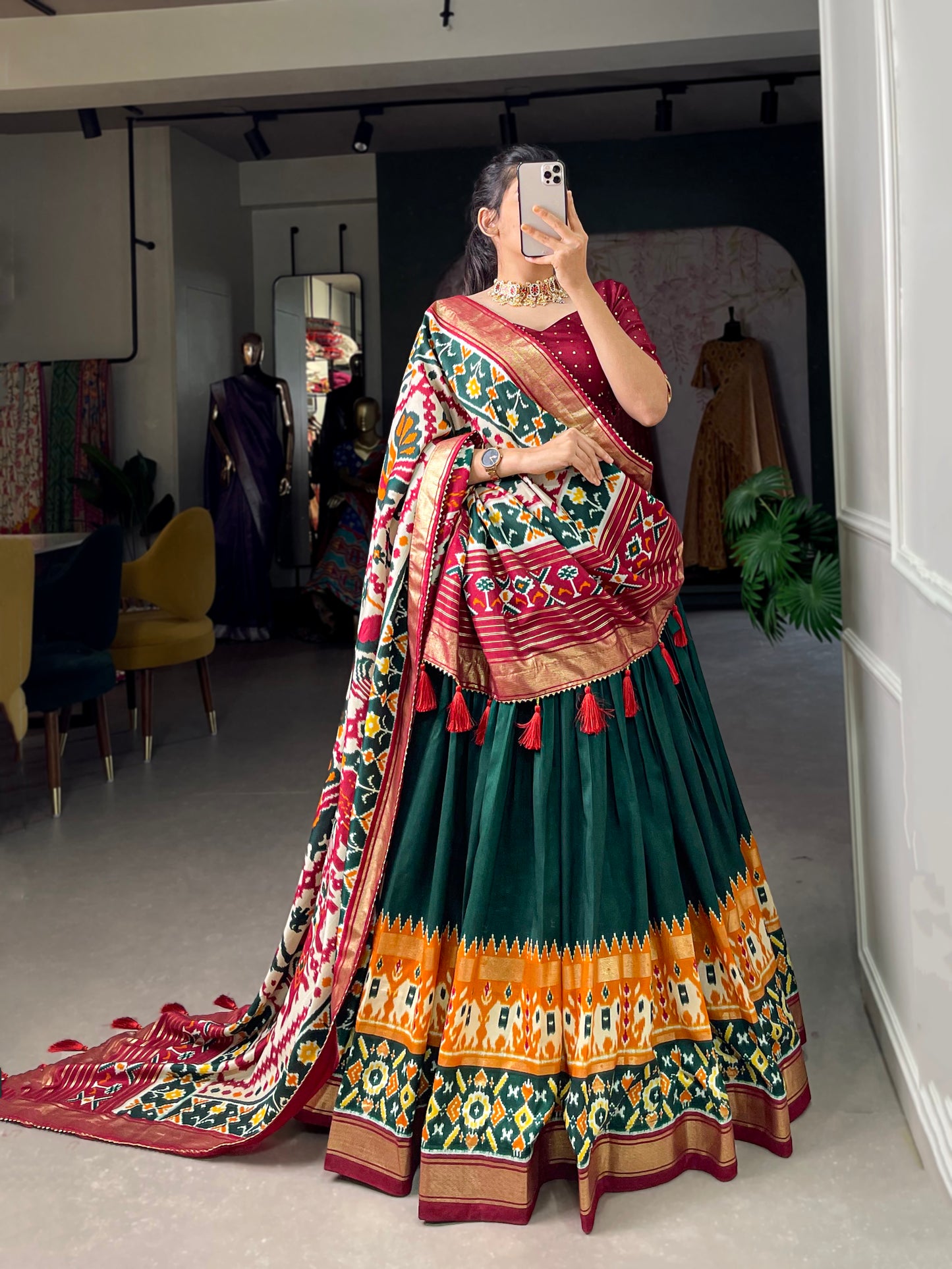 Patola Printed Foil Work Tussar Silk Lehenga Choli