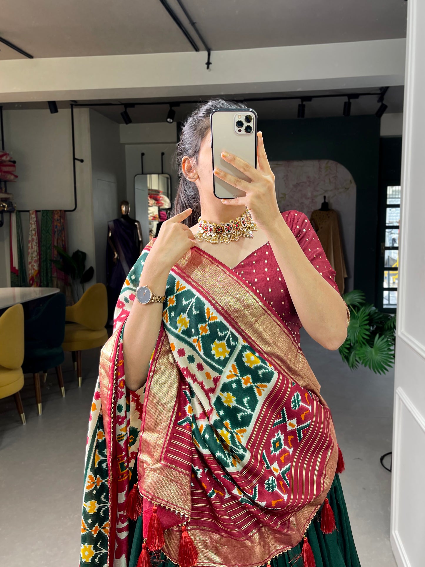 Patola Printed Foil Work Tussar Silk Lehenga Choli