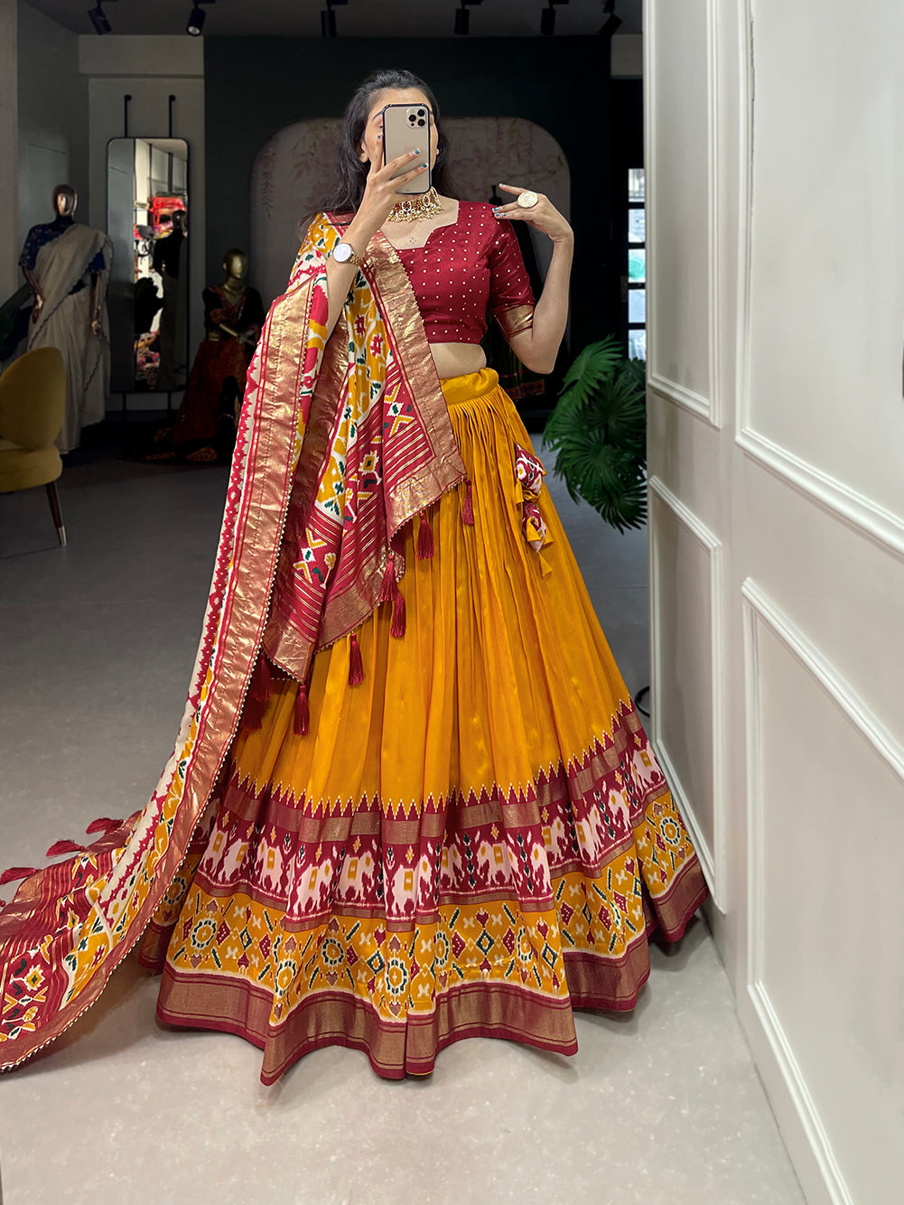 Patola Printed Foil Work Tussar Silk Lehenga Choli