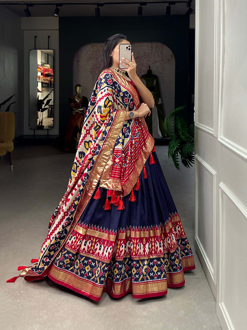 Patola Printed Foil Work Tussar Silk Lehenga Choli