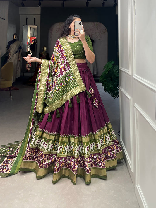 Patola Printed Foil Work Tussar Silk Lehenga Choli