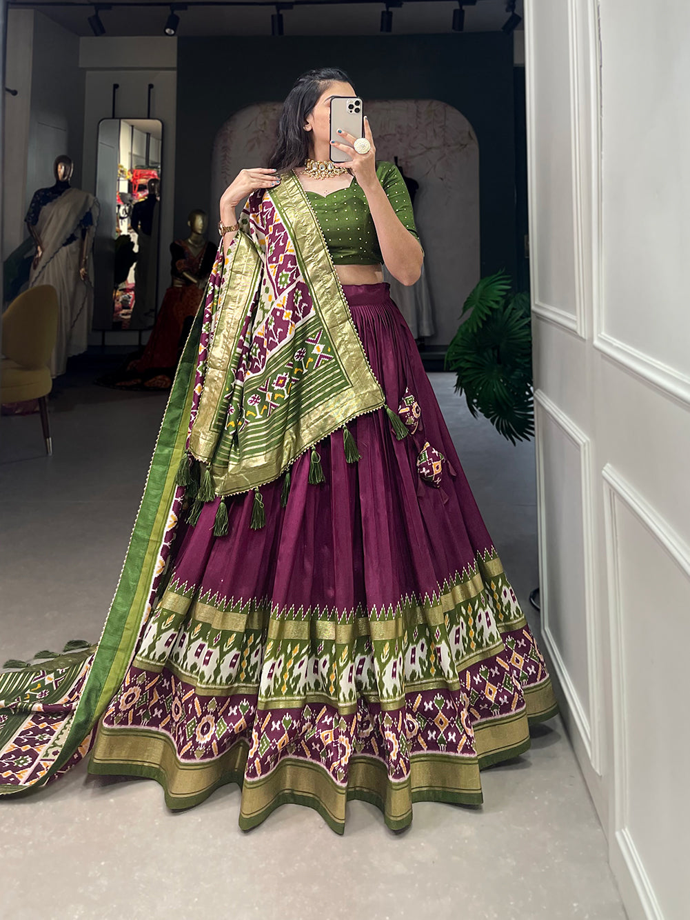 Patola Printed Foil Work Tussar Silk Lehenga Choli