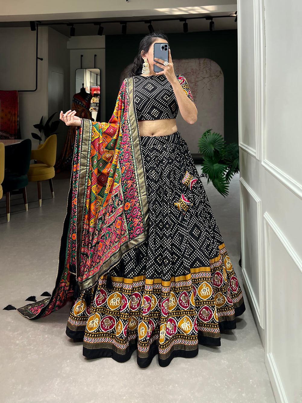 New Tussar Silk Bandhej And Patola Print With Foil Work Lehenga Choli