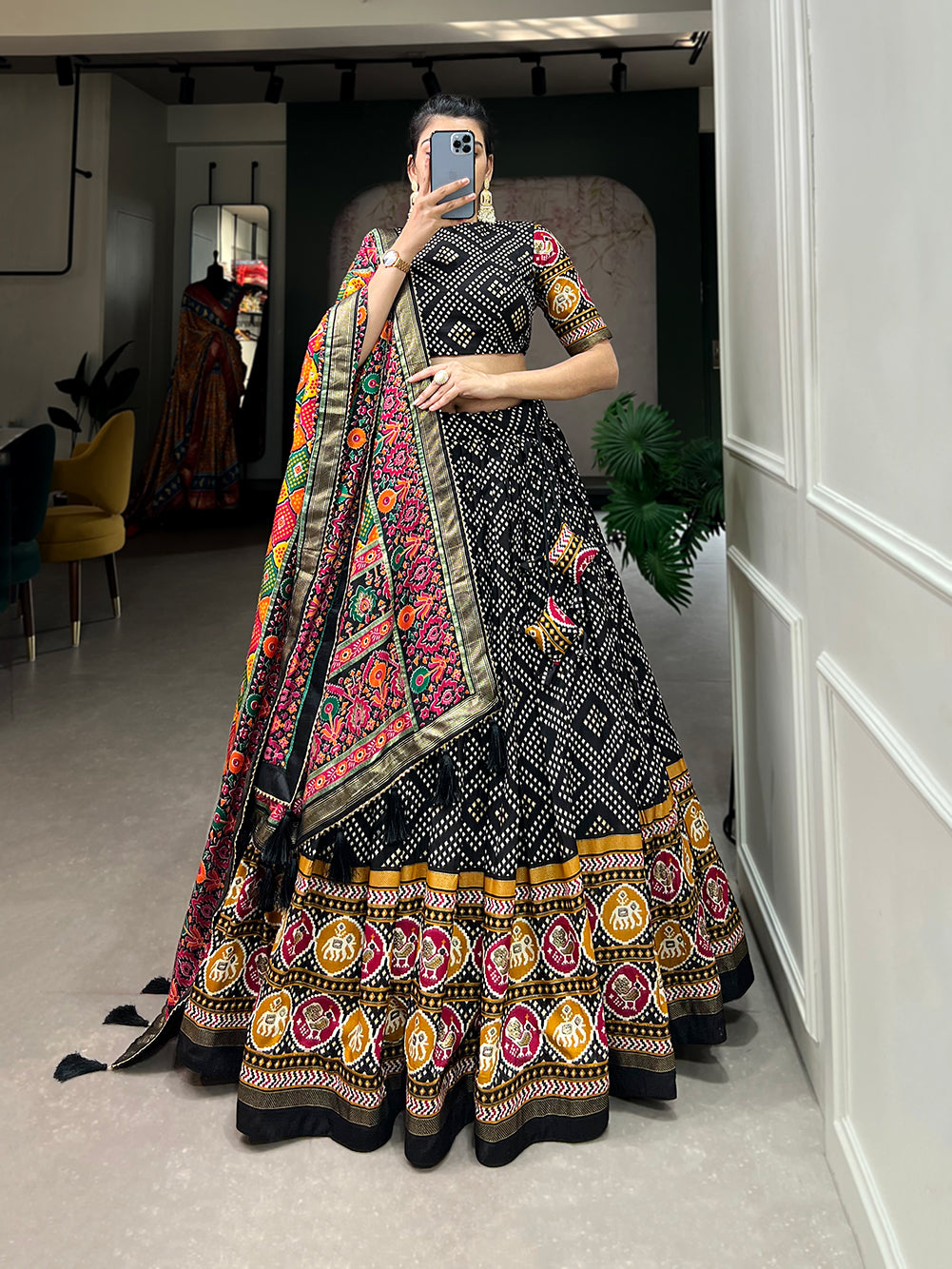 New Tussar Silk Bandhej And Patola Print With Foil Work Lehenga Choli