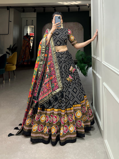 New Tussar Silk Bandhej And Patola Print With Foil Work Lehenga Choli
