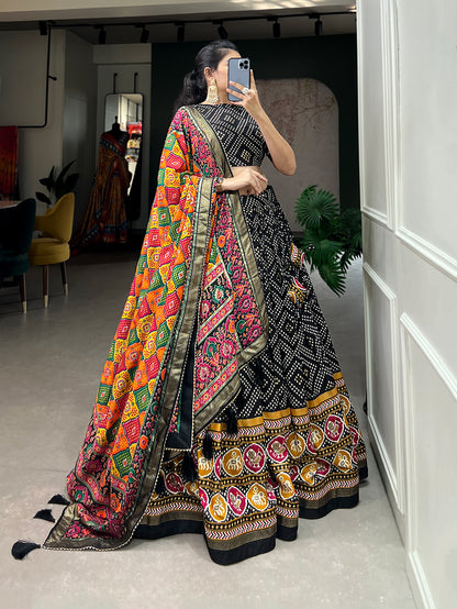 New Tussar Silk Bandhej And Patola Print With Foil Work Lehenga Choli