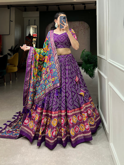 New Tussar Silk Bandhej And Patola Print With Foil Work Lehenga Choli