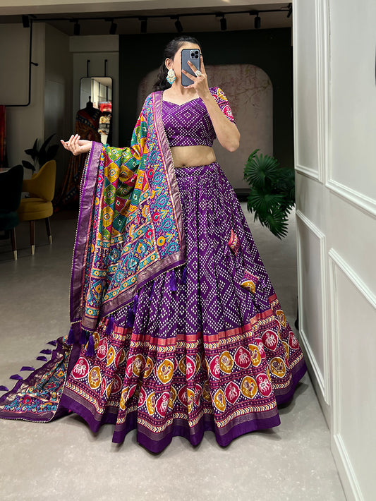 New Tussar Silk Bandhej And Patola Print With Foil Work Lehenga Choli