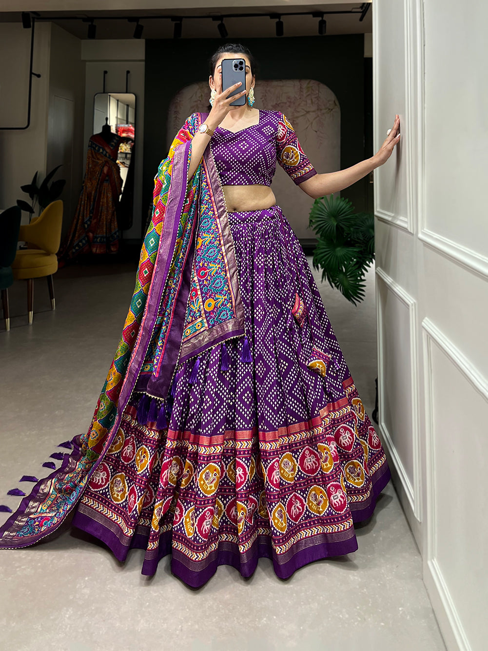 New Tussar Silk Bandhej And Patola Print With Foil Work Lehenga Choli