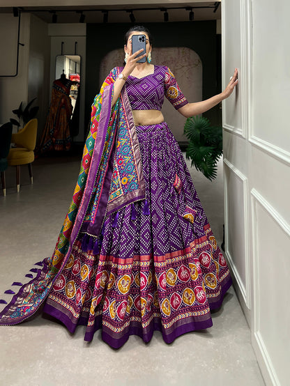 New Tussar Silk Bandhej And Patola Print With Foil Work Lehenga Choli