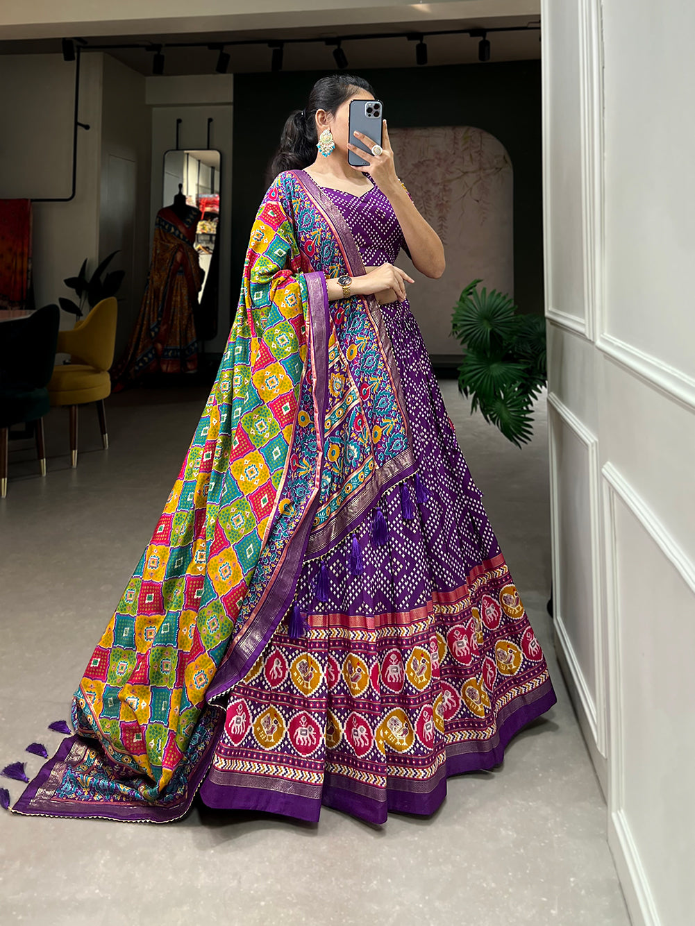 New Tussar Silk Bandhej And Patola Print With Foil Work Lehenga Choli