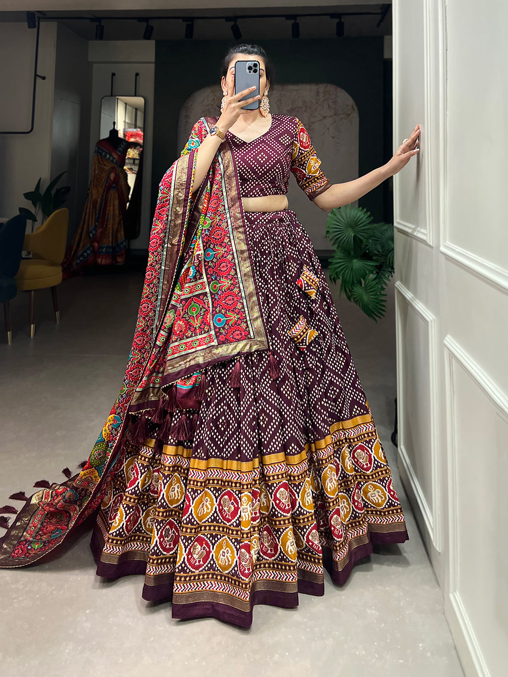 New Tussar Silk Bandhej And Patola Print With Foil Work Lehenga Choli