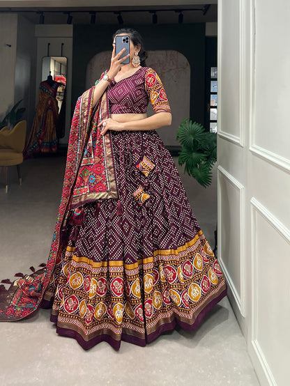 New Tussar Silk Bandhej And Patola Print With Foil Work Lehenga Choli