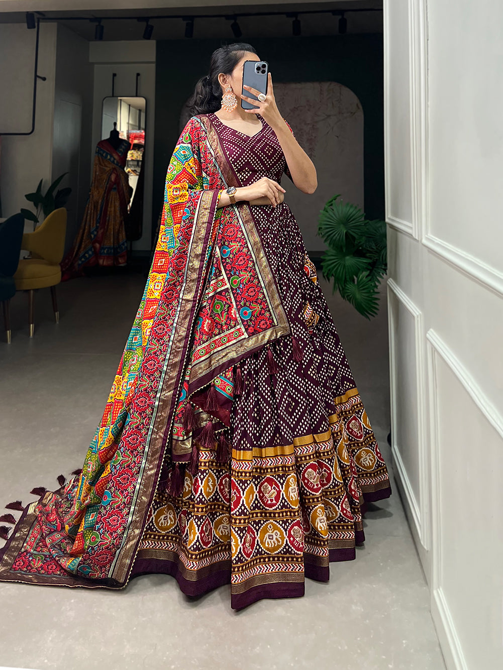 New Tussar Silk Bandhej And Patola Print With Foil Work Lehenga Choli