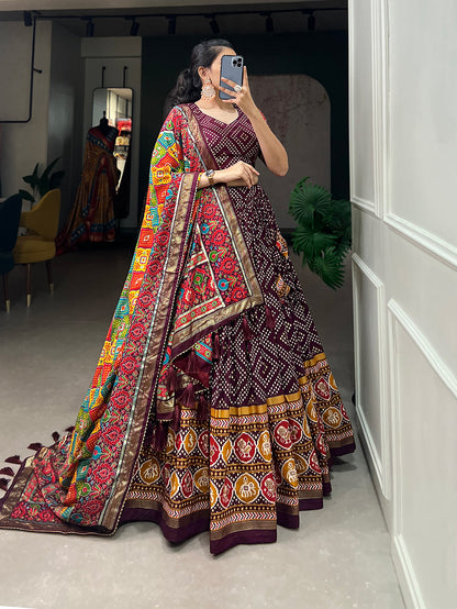New Tussar Silk Bandhej And Patola Print With Foil Work Lehenga Choli