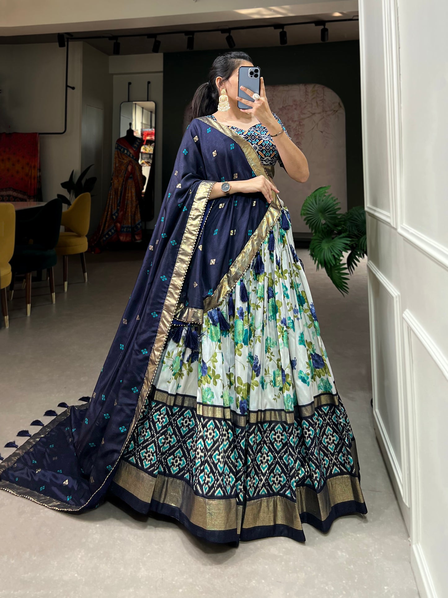 Women,s Tussar Silk With Patola And Foil Print Lehenga choli Set