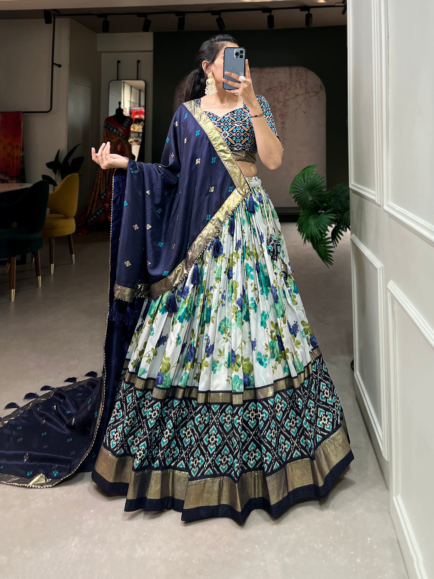 Women,s Tussar Silk With Patola And Foil Print Lehenga choli Set