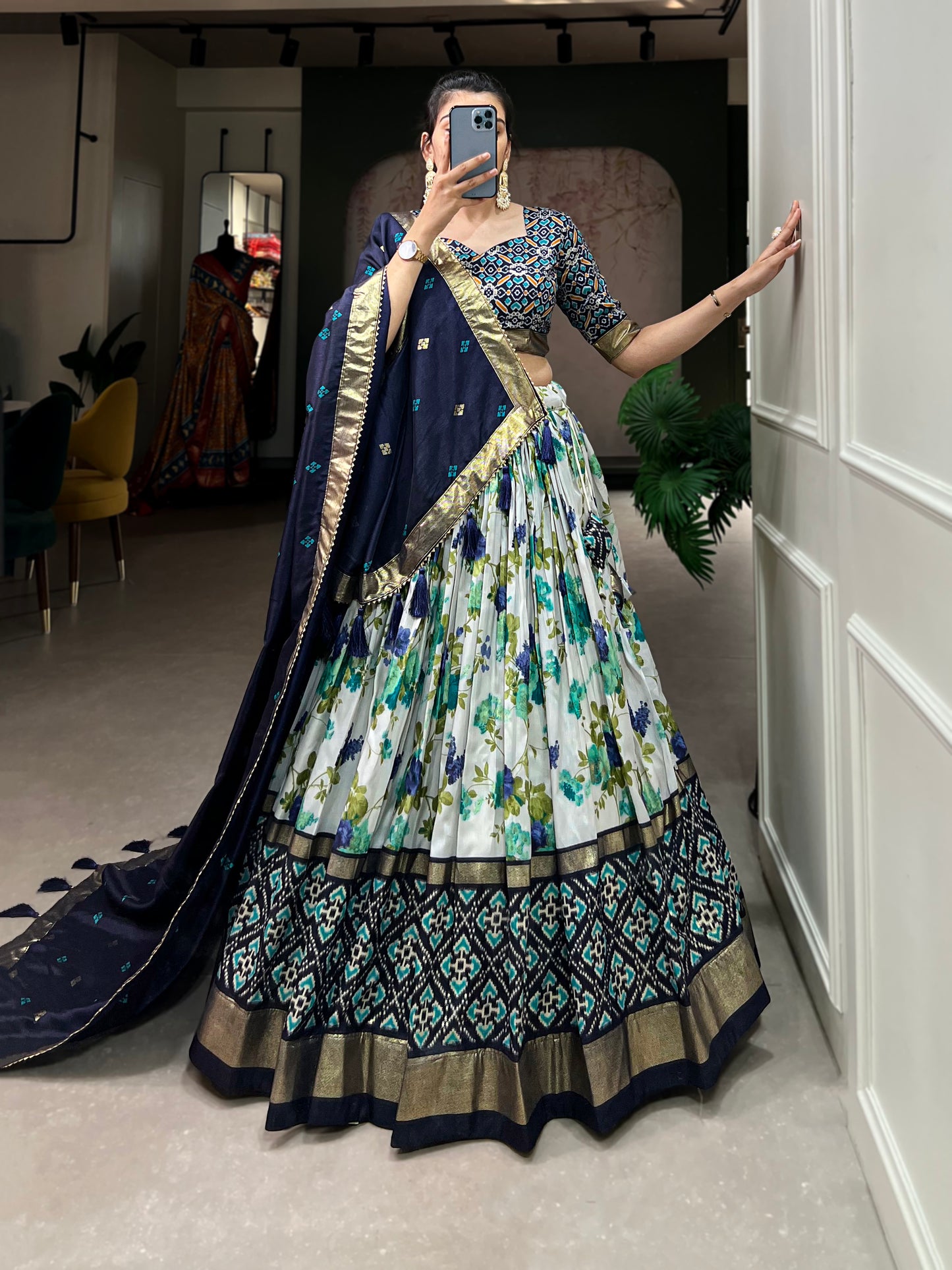 Women,s Tussar Silk With Patola And Foil Print Lehenga choli Set