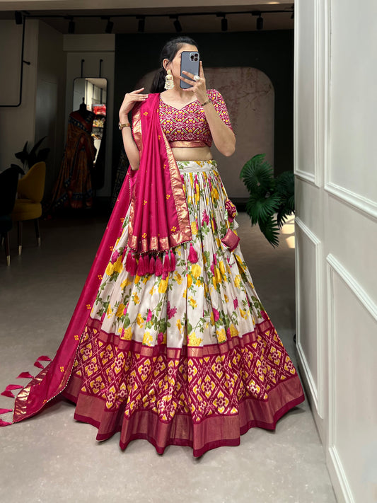 Women,s Tussar Silk With Patola And Foil Print Lehenga choli Set