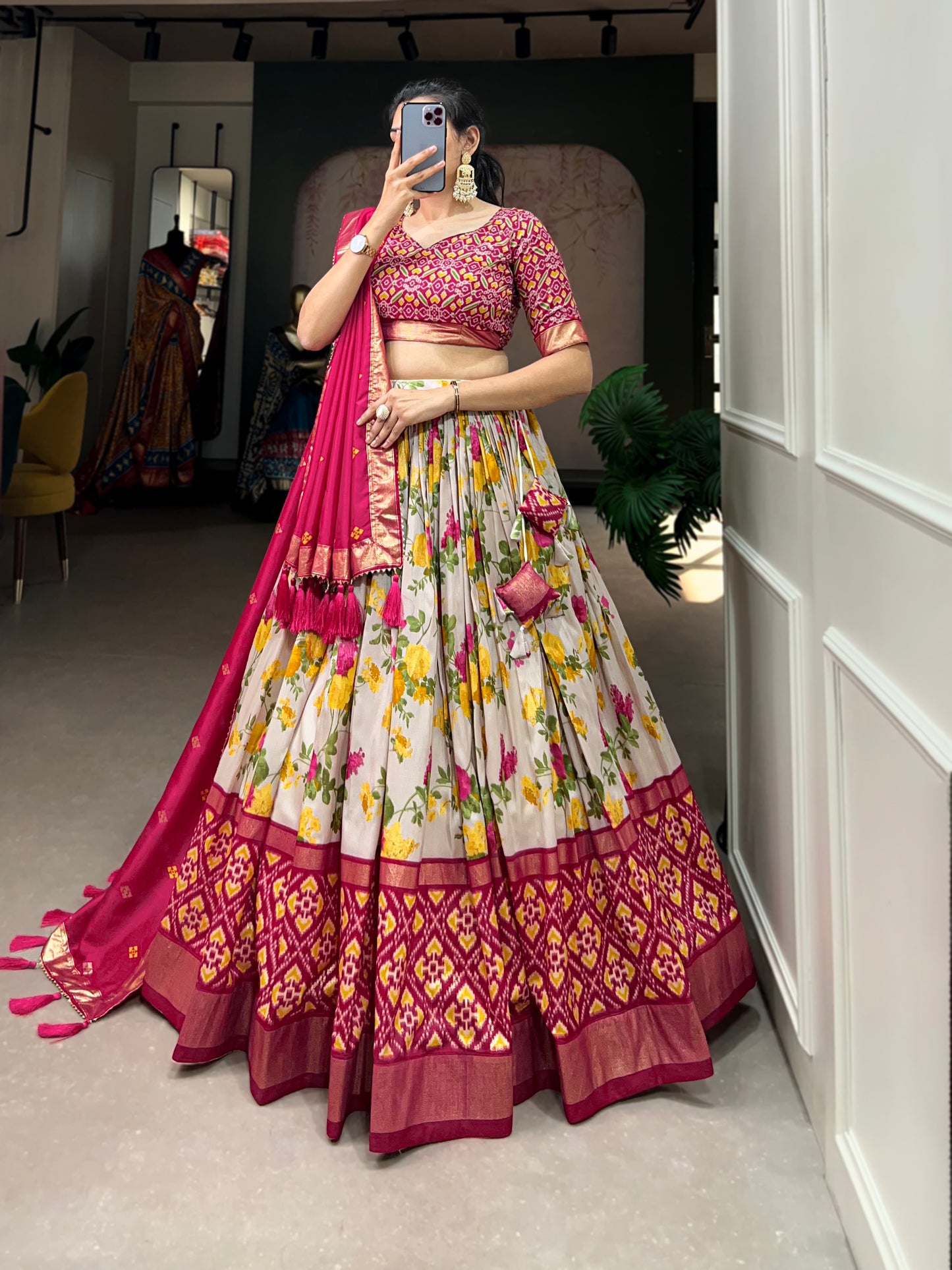 Women,s Tussar Silk With Patola And Foil Print Lehenga choli Set