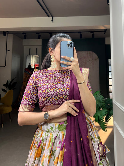 Women,s Tussar Silk With Patola And Foil Print Lehenga choli Set