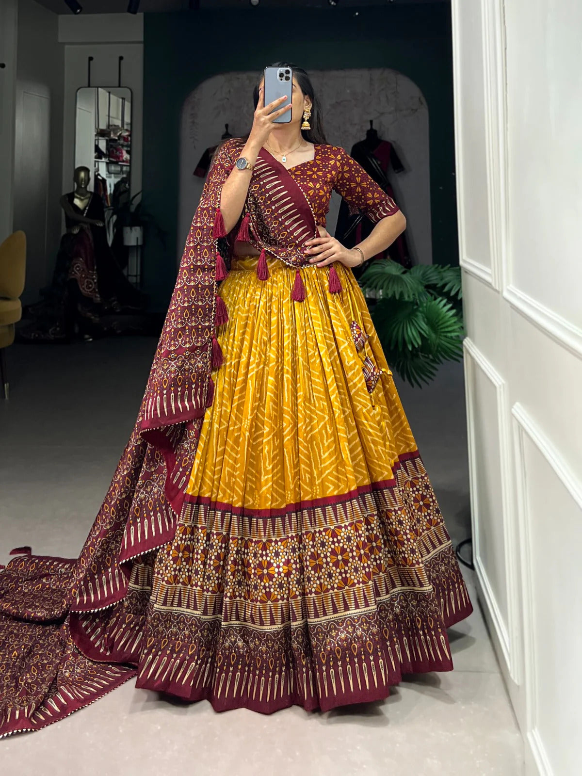 Elegant Tussar Silk Lehenga Choli with Bandhani & Patola Print