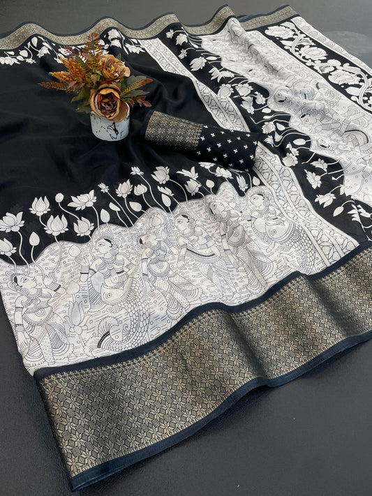 Royal Dola Silk Kalamkari Saree with Heavy Jacquard Border – Premium Ethnic Wear!