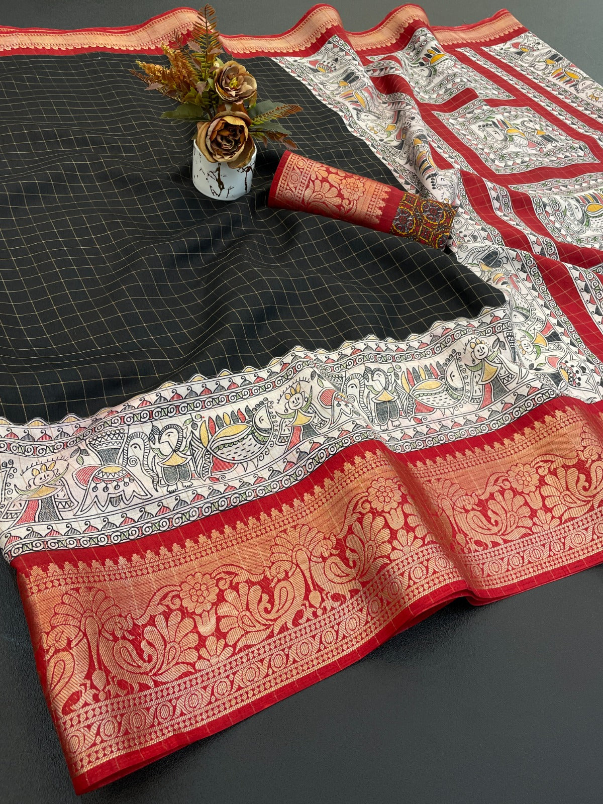 DOLA SILK CHECKES WARLI PRINT WITH JACQUARD BORDER