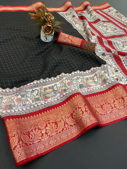 DOLA SILK CHECKES WARLI PRINT WITH JACQUARD BORDER