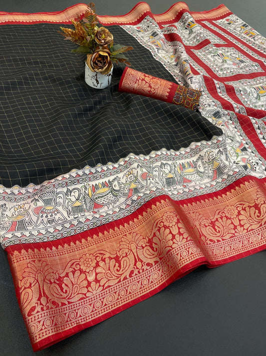 DOLA SILK CHECKES WARLI PRINT WITH JACQUARD BORDER