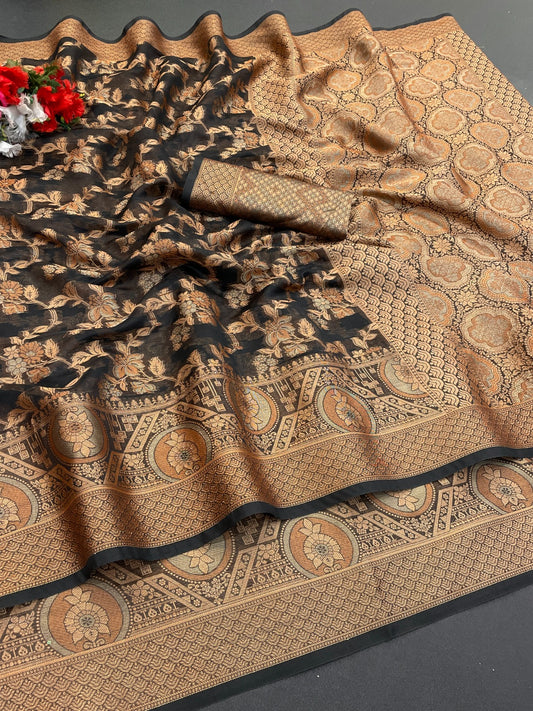 Organza banarasi kanjivaram look designer silk rich pallu saree