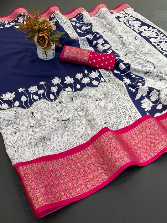 Royal Dola Silk Kalamkari Saree with Heavy Jacquard Border – Premium Ethnic Wear!